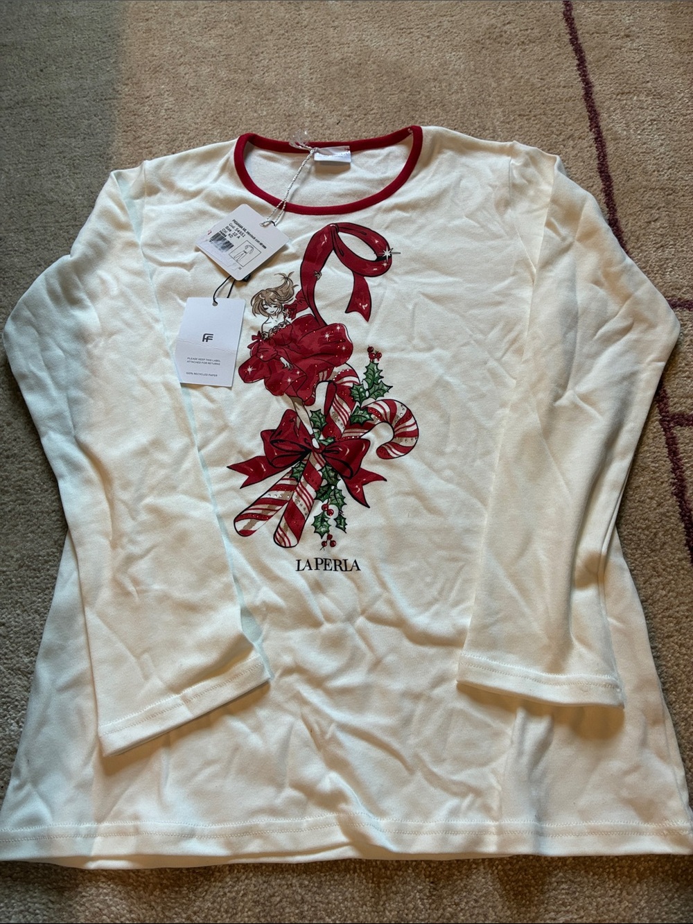 NWT La Perla Pajama Set White Long-Sleeve Holiday Graphic Tee & Red Pants